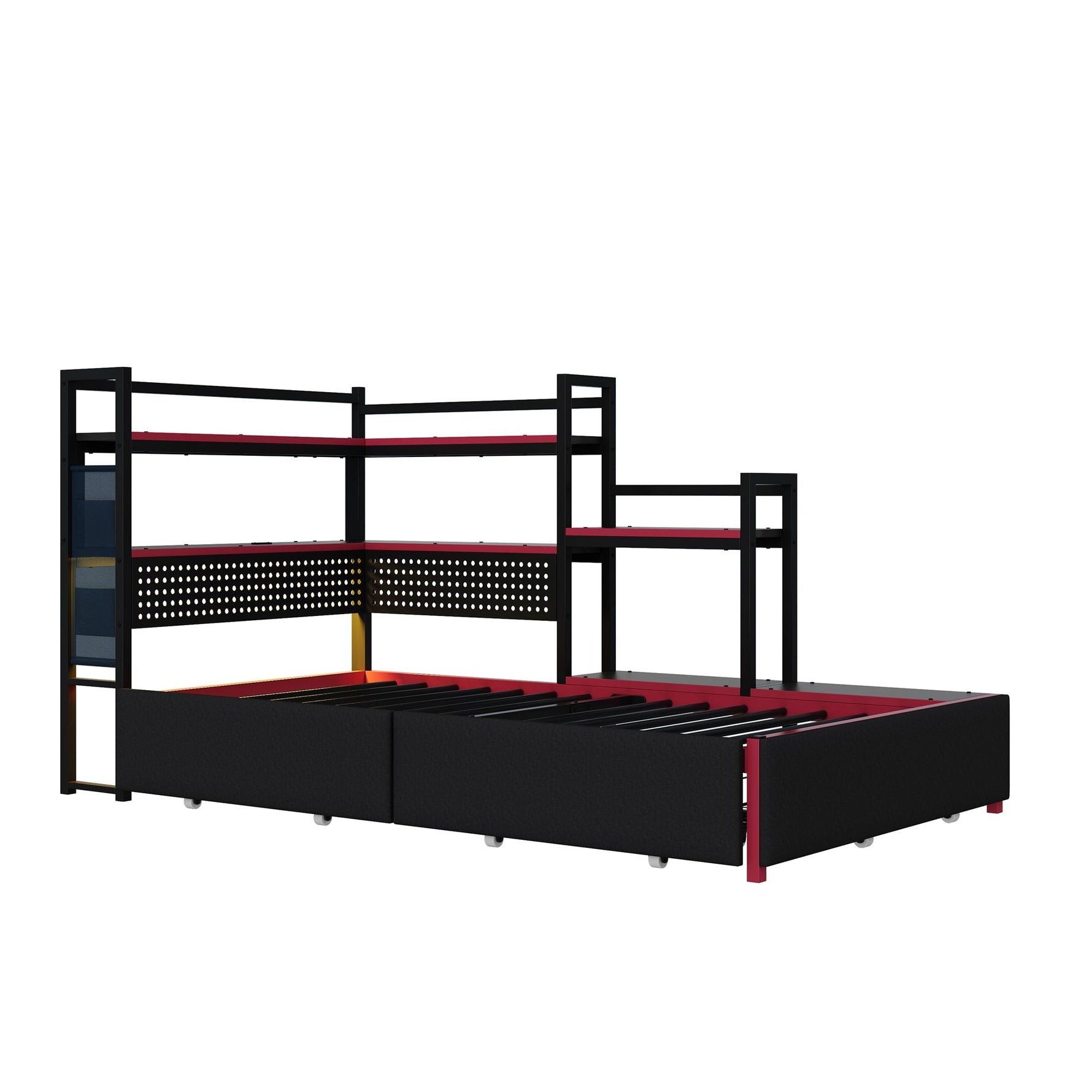 Gaming-Style Metal Bed Frame with 3 Drawers, LED Lighting, USB Ports, Pegboard and Side Shelves, Black Metal