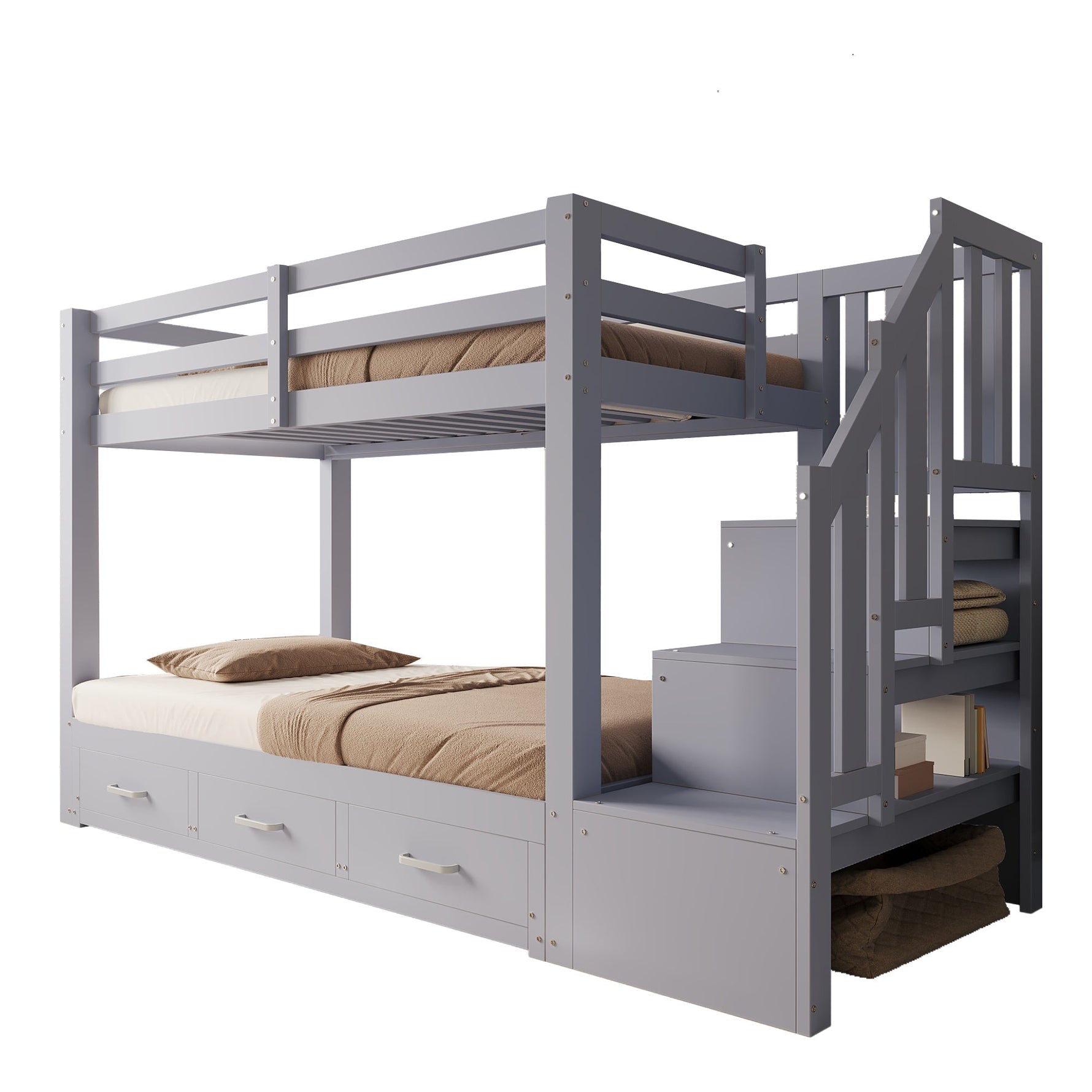 Bunk Bed with Pull-out Bed, Storage Ladder and Drawers, 90x200cm, Grey Wood