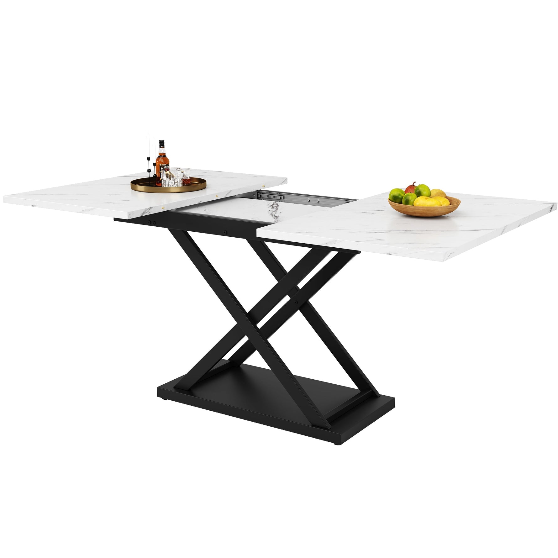 Dining Set 5-Piece Extendable Table 160cm 4 Chairs - White Marble/Black Velvet