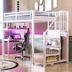 Metal Loft Bed 90x200cm with Light Strip Charging Socket Storage Ladder Wardrobe Desk White