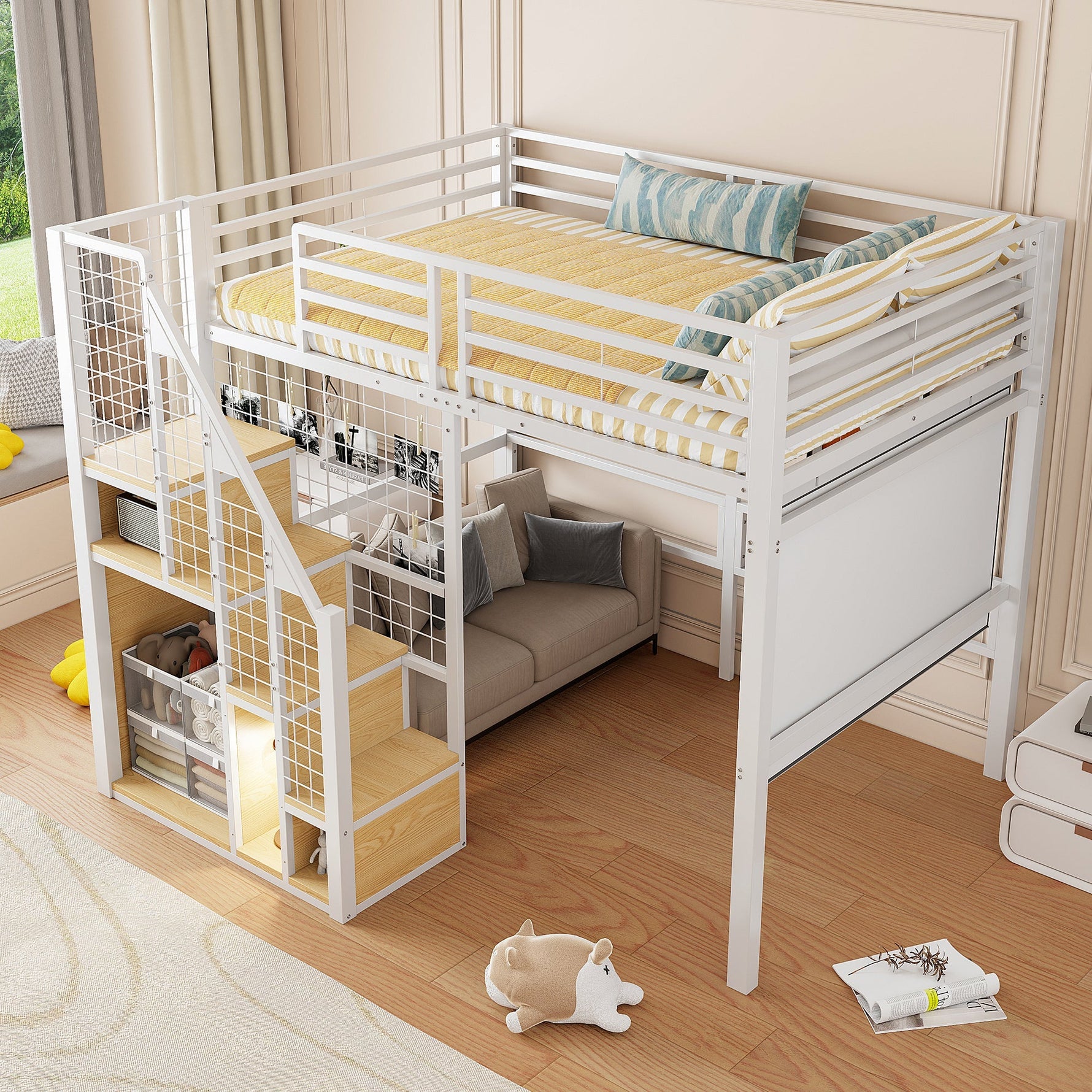 Bunk Bed with Safety Ladder and Storage Area, 140x200cm, White Iron Frame