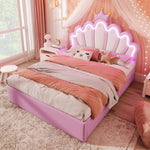 Princess Upholstered Bed 140x200cm Crown Shape LED 2 Drawers - PU Pink