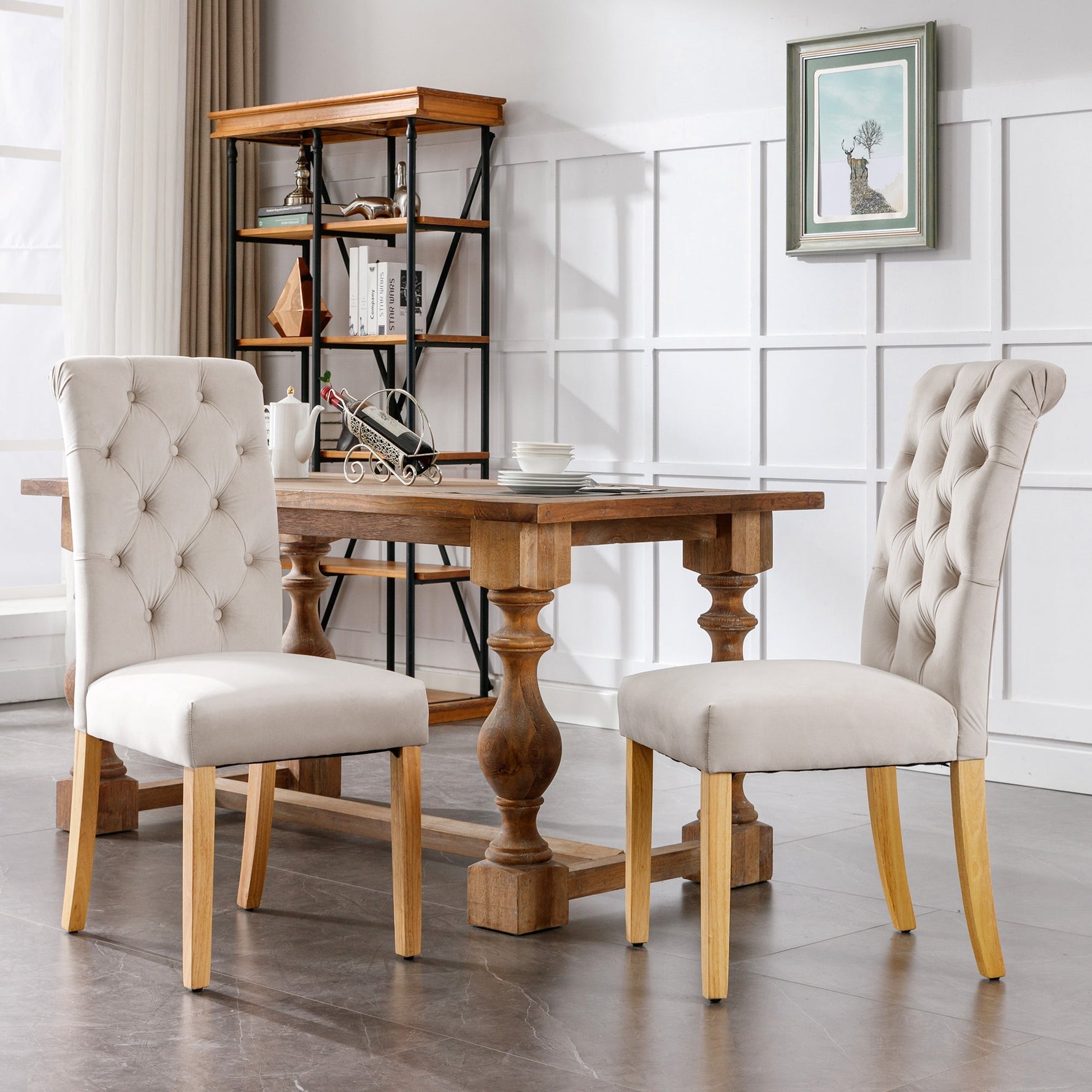 Velvet Dining Chairs Set of 4 with Oak Legs and Chrome Knocker Beige
