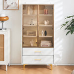 Glass Display Cabinet, 2-Door LED Lighted Tall Storage with Movable Shelves, Golden Legs