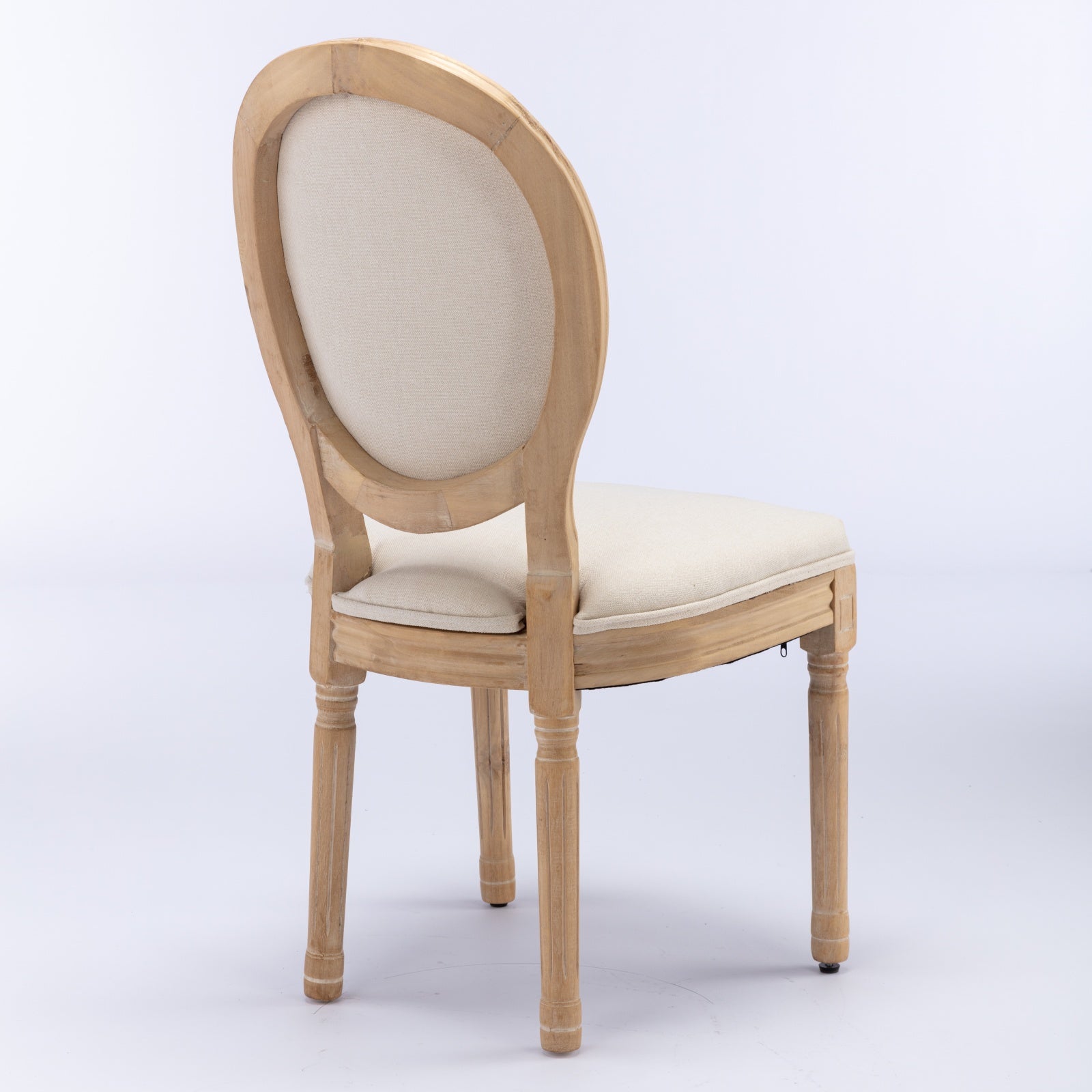 French Style Dining Chair Set of 2 Solid Wood Antique Finish Linen Back - Beige