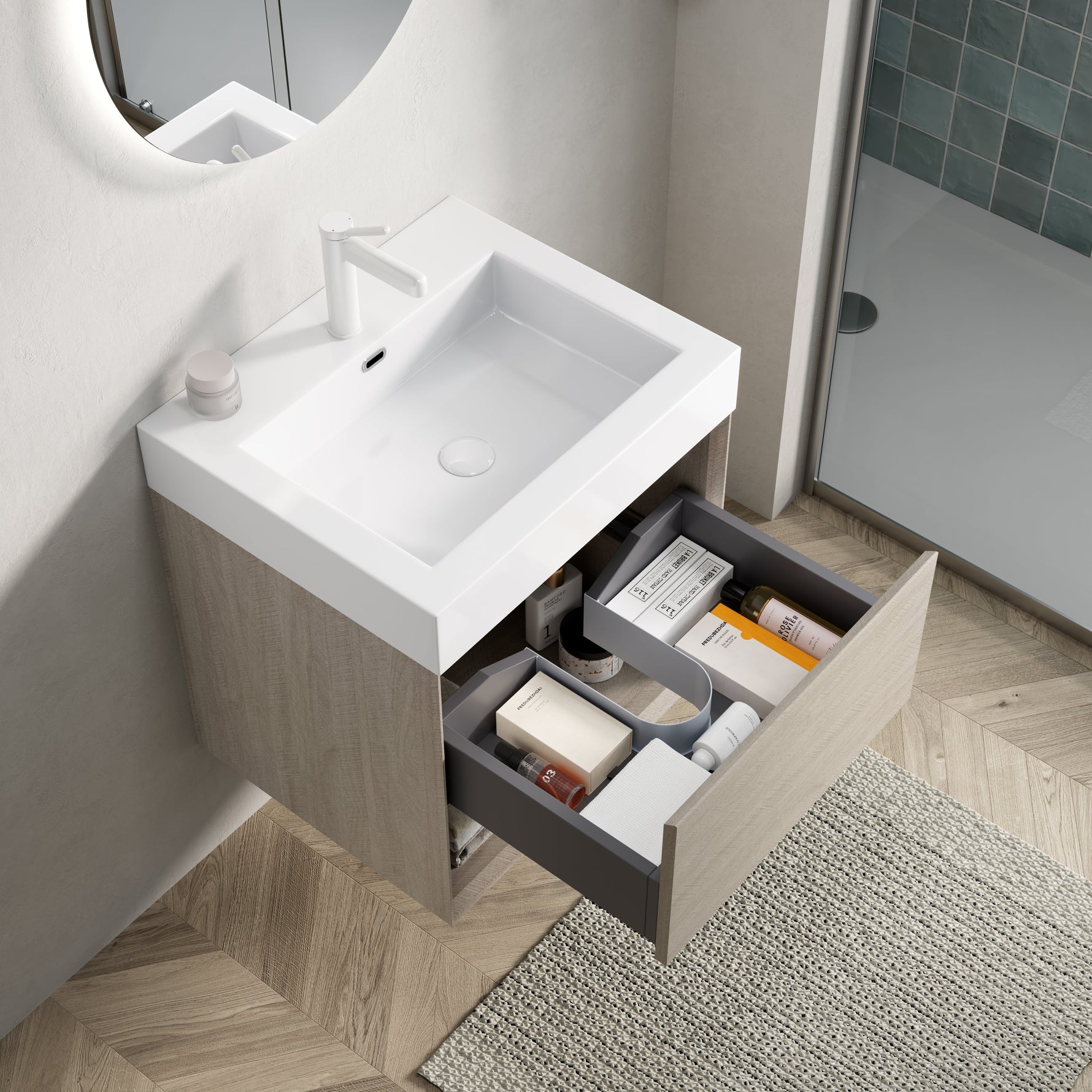 Bathroom Vanity Unit with Resin Basin and Storage, Light Oak Wood Grain