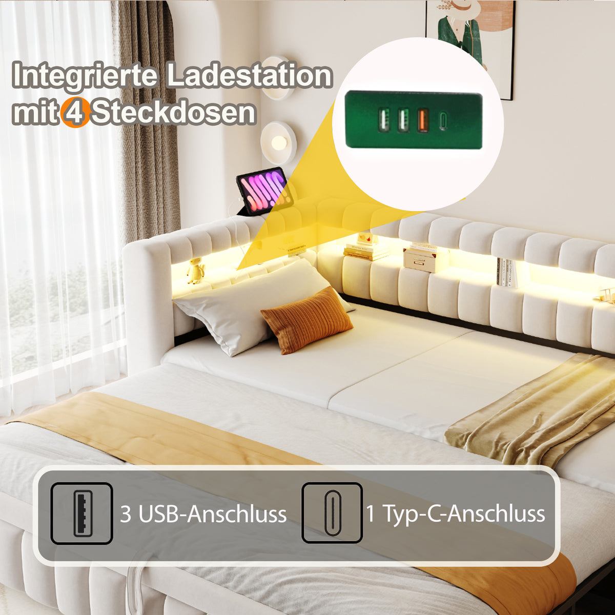 Extendable Sofa Bed 90x200cm with LED & USB, Beige Velvet