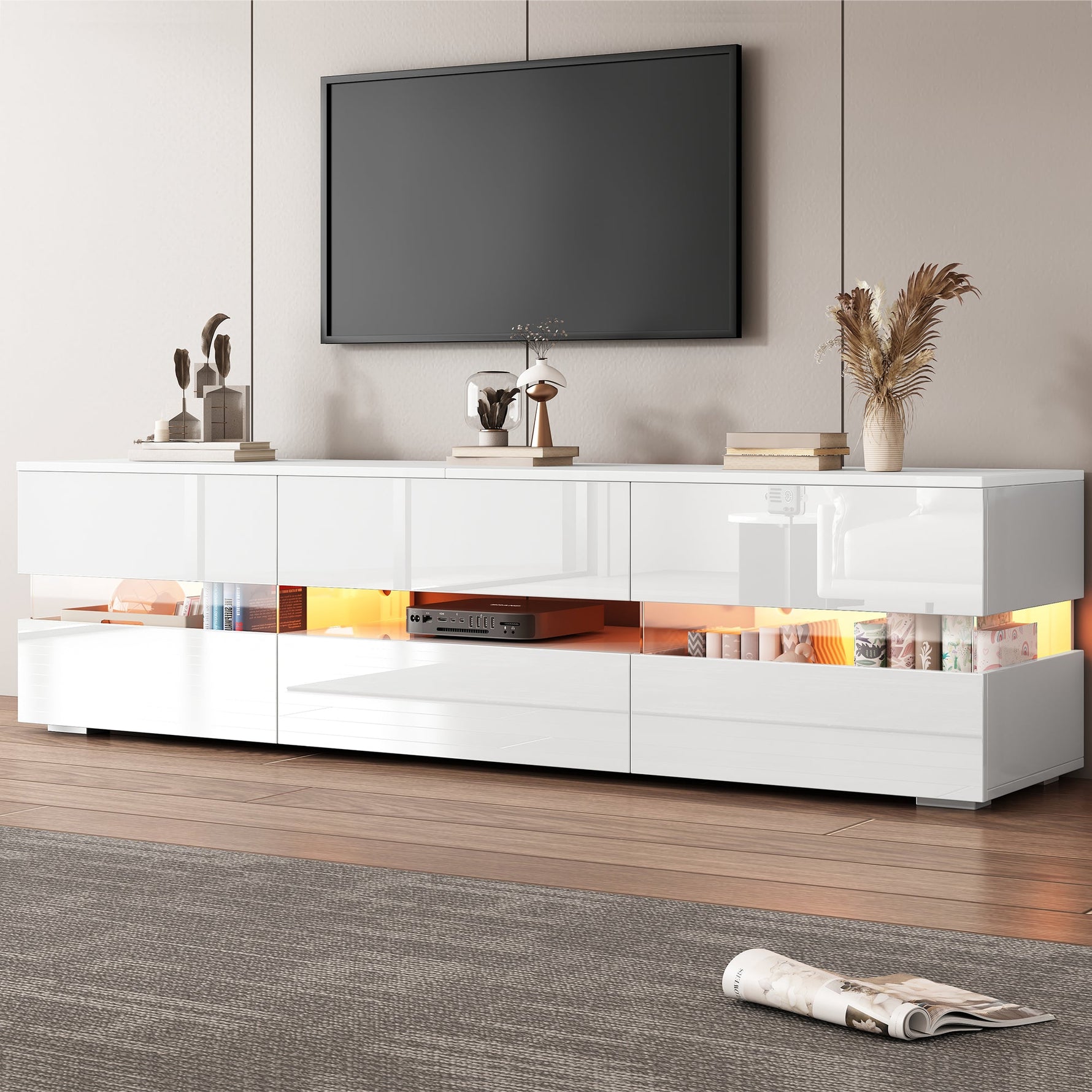 Modern TV Cabinet 160cm LED Storage for 70-inch TVs High-Gloss White