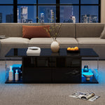 Coffee Table, Living Room Sofa Table with LED, High-Gloss, Tempered Glass, 2 Cabinets, Black Chipboard