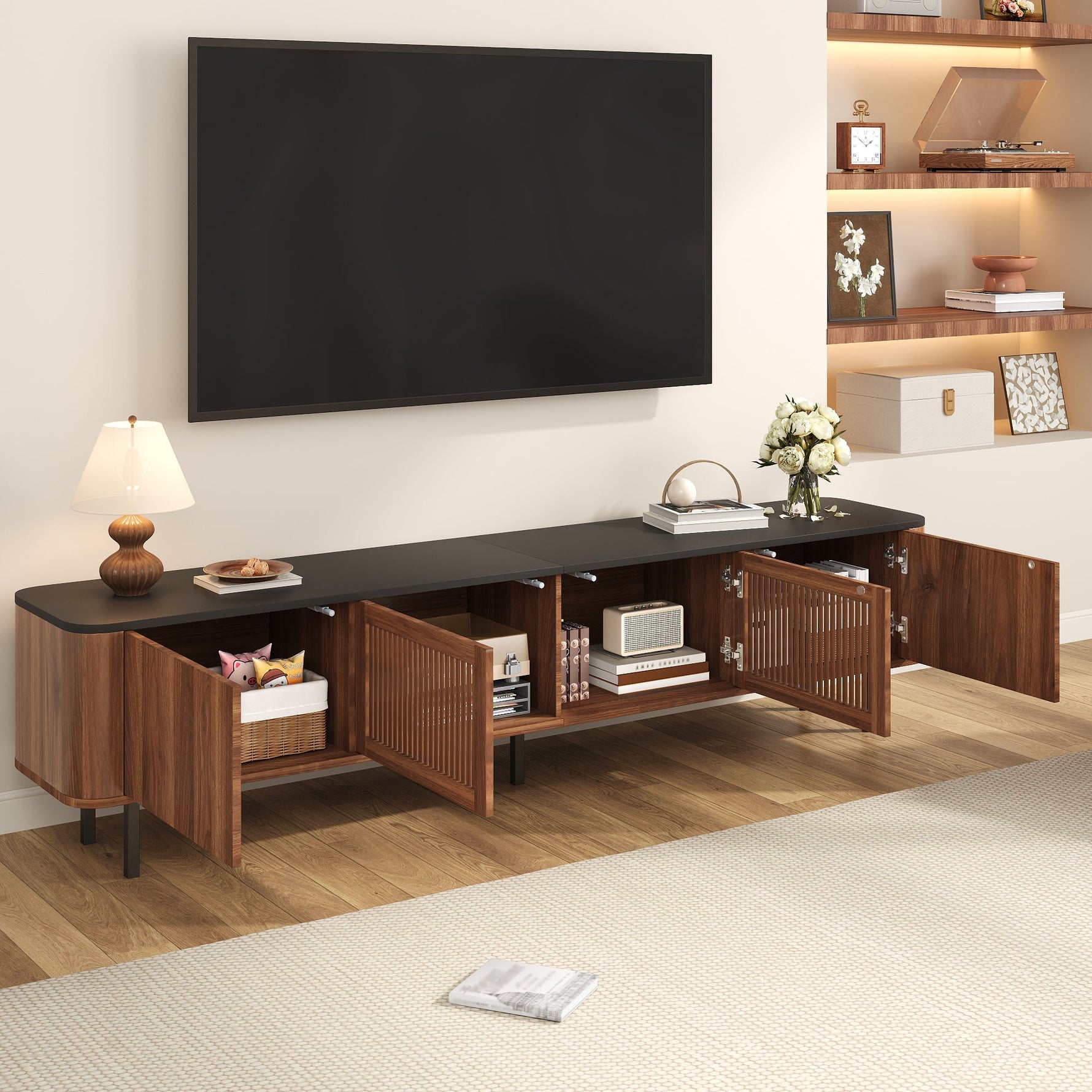 Modern TV Cabinet with Gitter Doors and Storage, Black and Walnut Wood