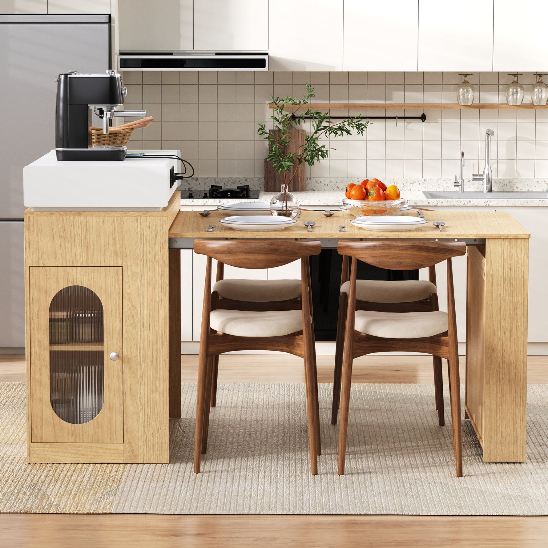 Kitchen Island on Wheels Extendable Dining Table Power Strips & Hooks - Natural