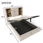 Single Bed, Wireless Charging USB C, Upholstered with Storage, 90x200cm Wood-Natural Linen