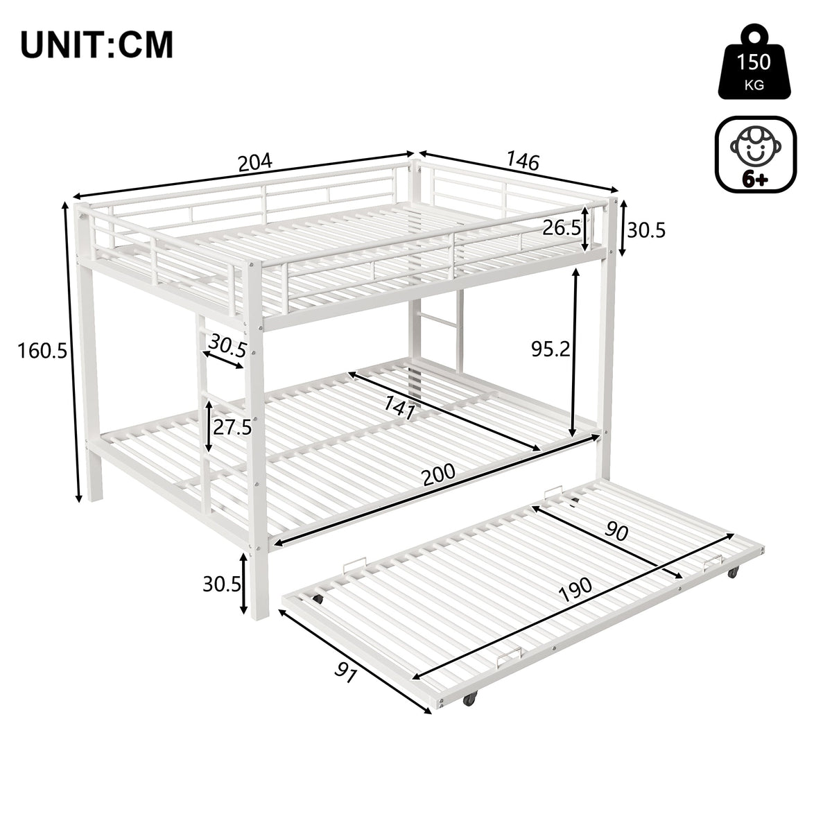 Bunk Bed with Pull-Out Bed and High Railings, 140x200cm Iron Frame, White