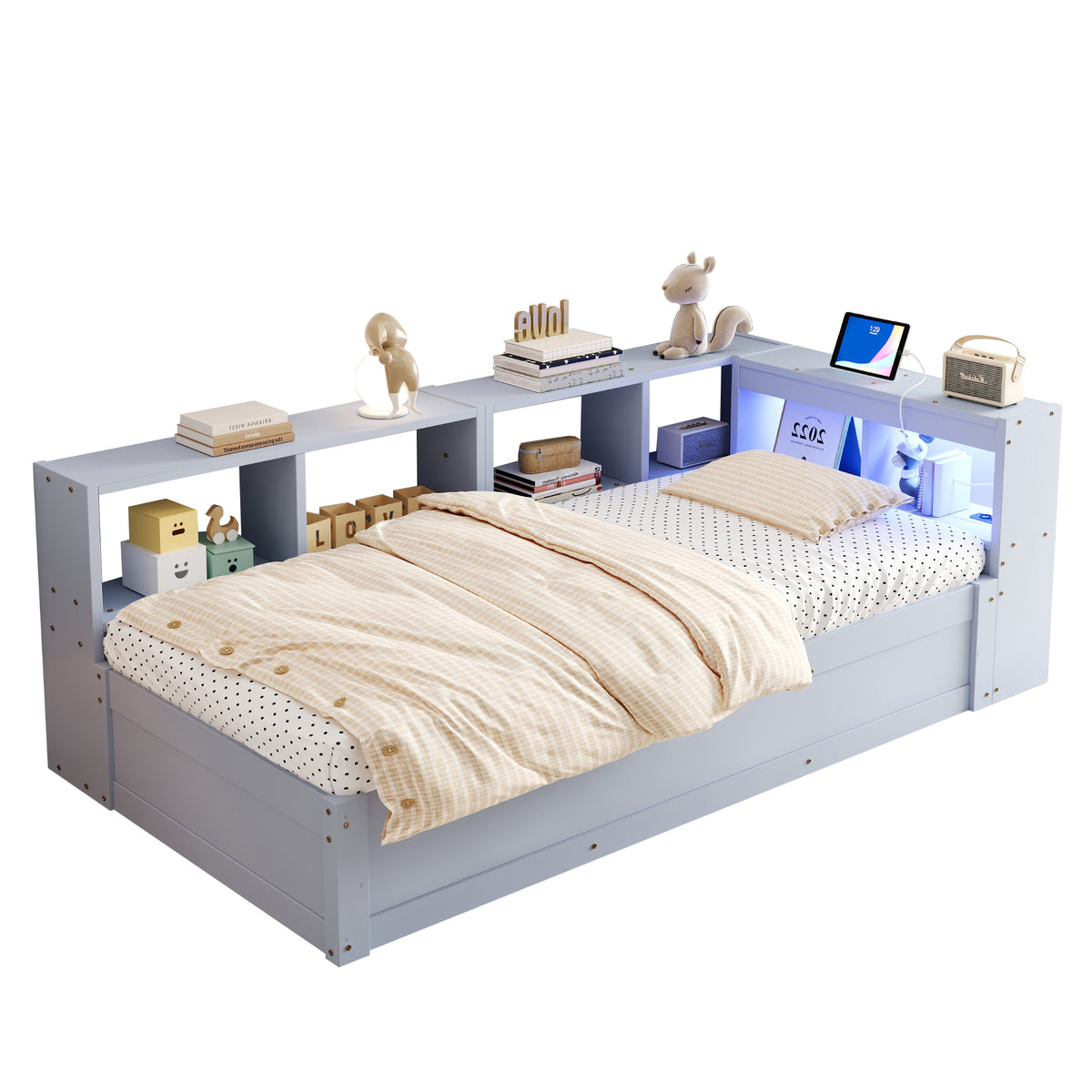 Sofa Bed 90x200cm with Storage, Socket & LED, Grey Wood