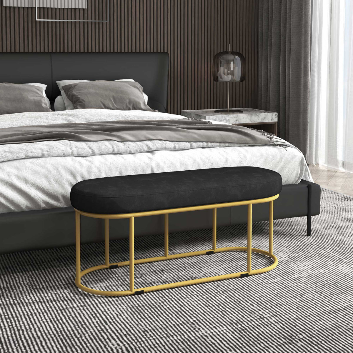 Upholstered Bench, Velvet Look, 200kg, Steel, Black