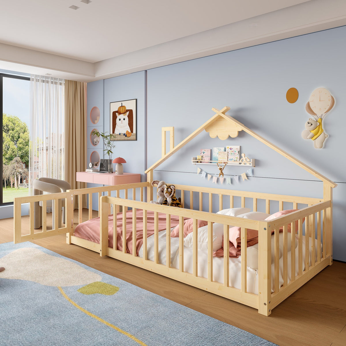 Flatbed 90x190cm House Rail Lockable Railing - Natural Pine Wood