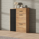 Modern Shoe Cabinet, Adjustable Shelves 1 Drawer 2 Drop-Down Doors, Black and Natural Tones