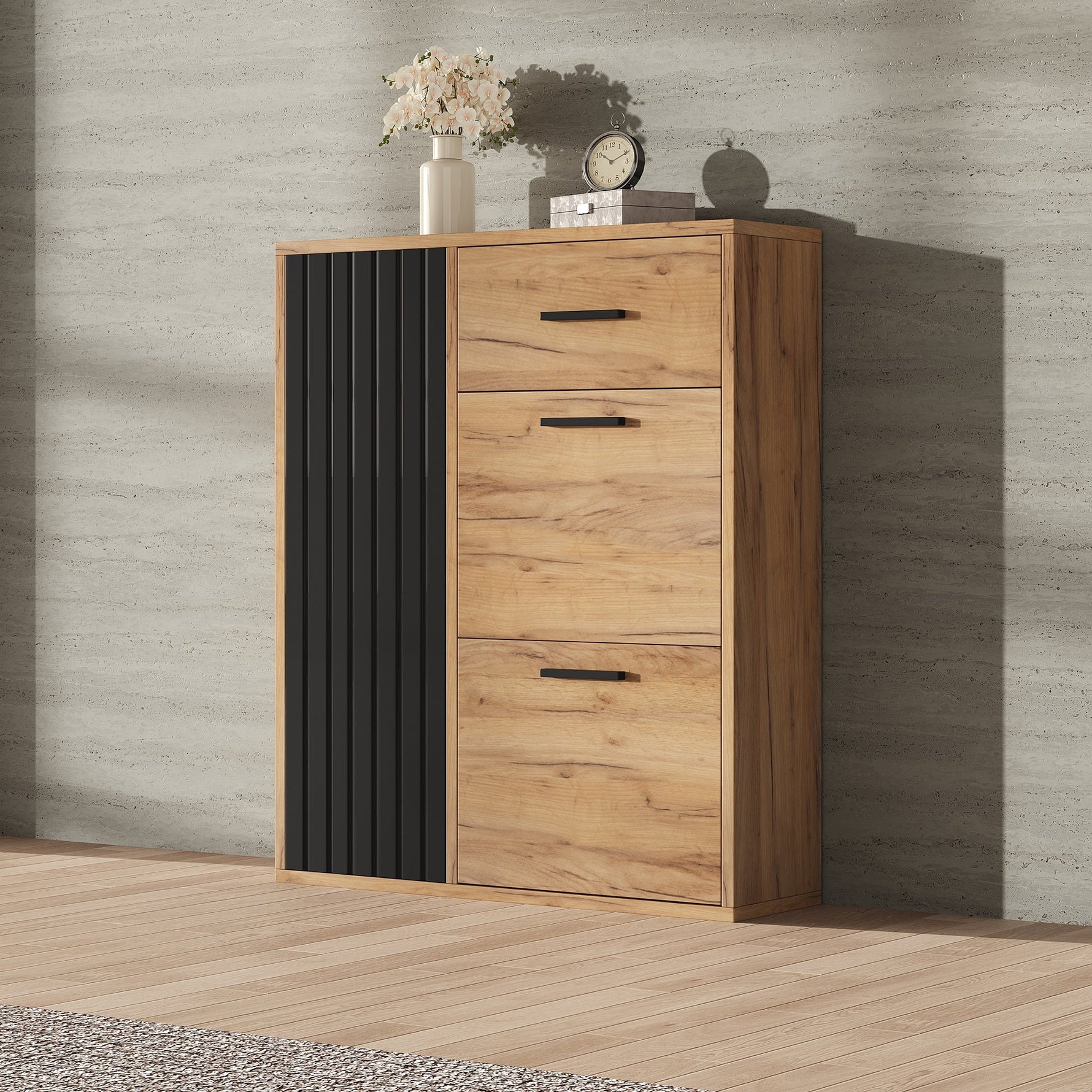 Modern Shoe Cabinet, Adjustable Shelves 1 Drawer 2 Drop-Down Doors, Black and Natural Tones