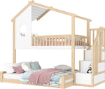 Bunk Bed with Storage Ladder and House Railing, 90x200cm and 140x200cm, Natural and White