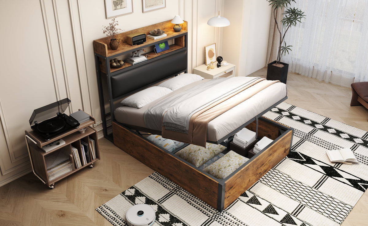 Bed Frame, 90 x 200, Hydraulic Lift, USB, Upholstered Headboard, Black