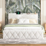Upholstered Double Bed 160x200cm, USB LED & 6 Drawers, White Plush