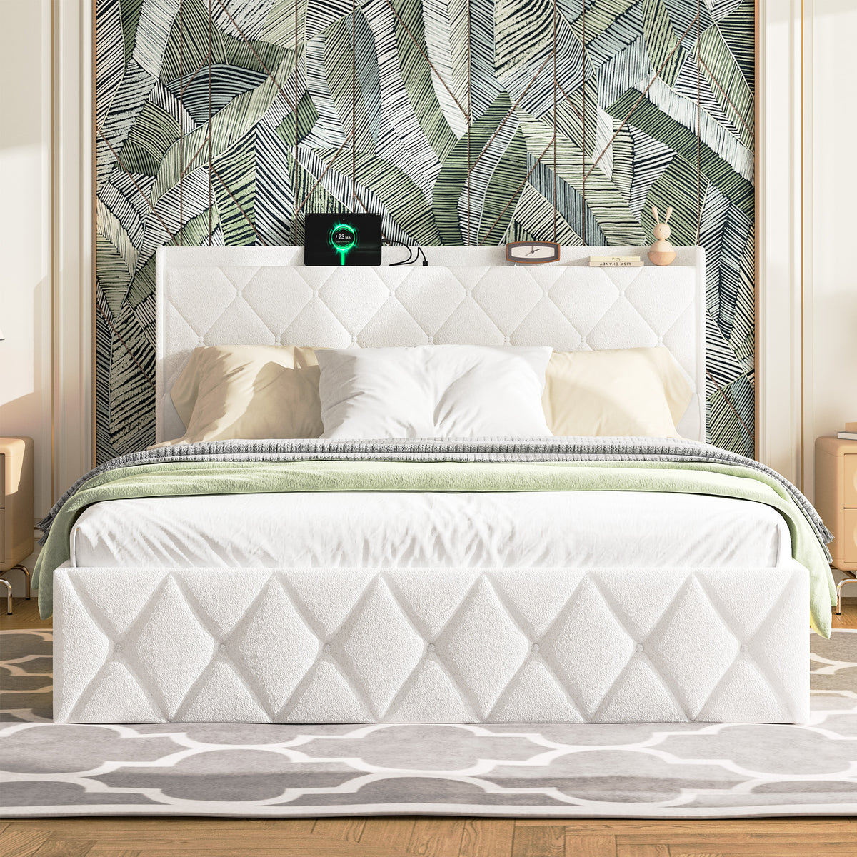 Upholstered Double Bed 160x200cm, USB LED & 6 Drawers, White Plush