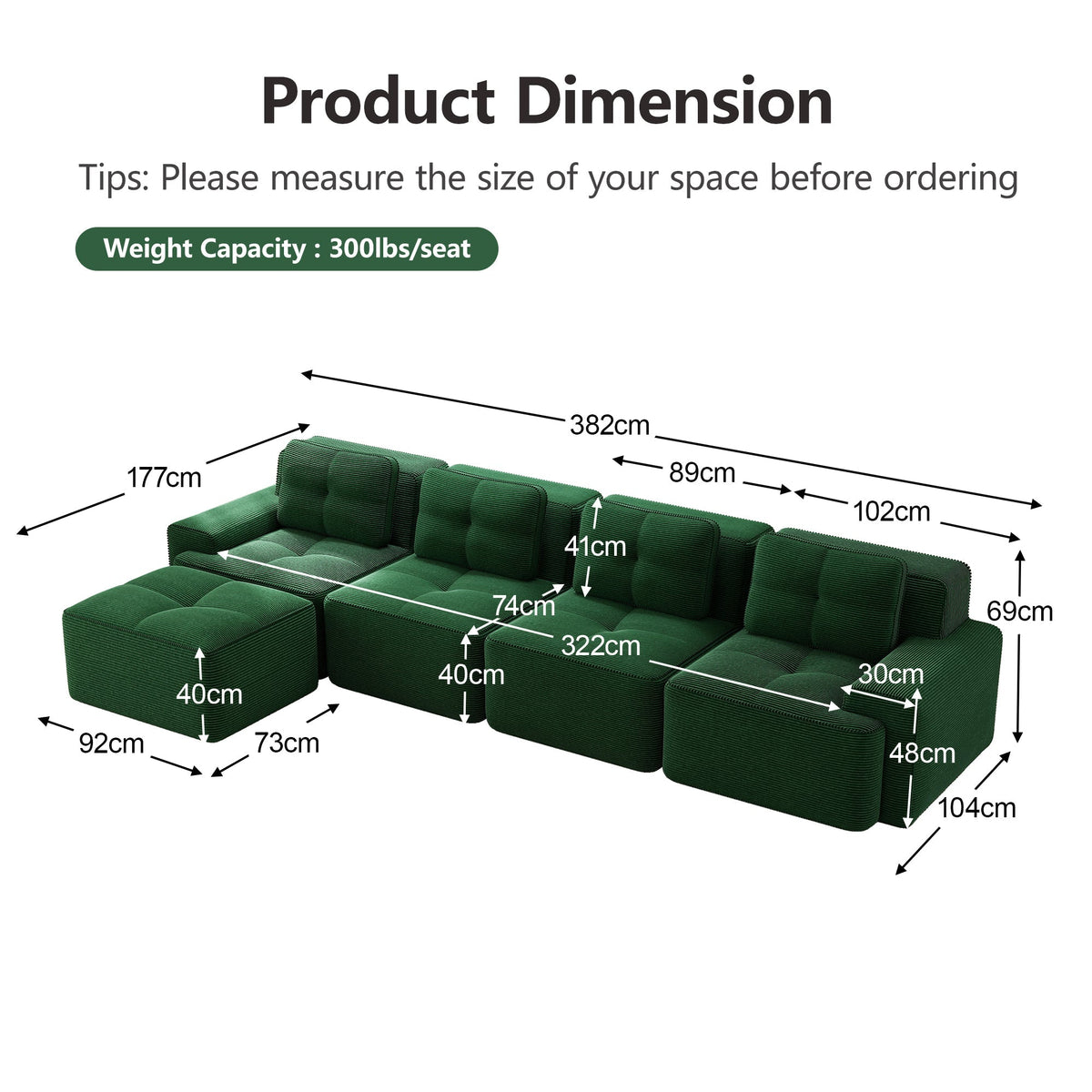 Boneless Sofa Modular L-Shaped Chaise Lounge 4-Seater Deep-Seat - Corduroy Green