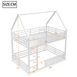 House-Shaped Bunk Bed with Fence and LED Light, 140x200cm, White
