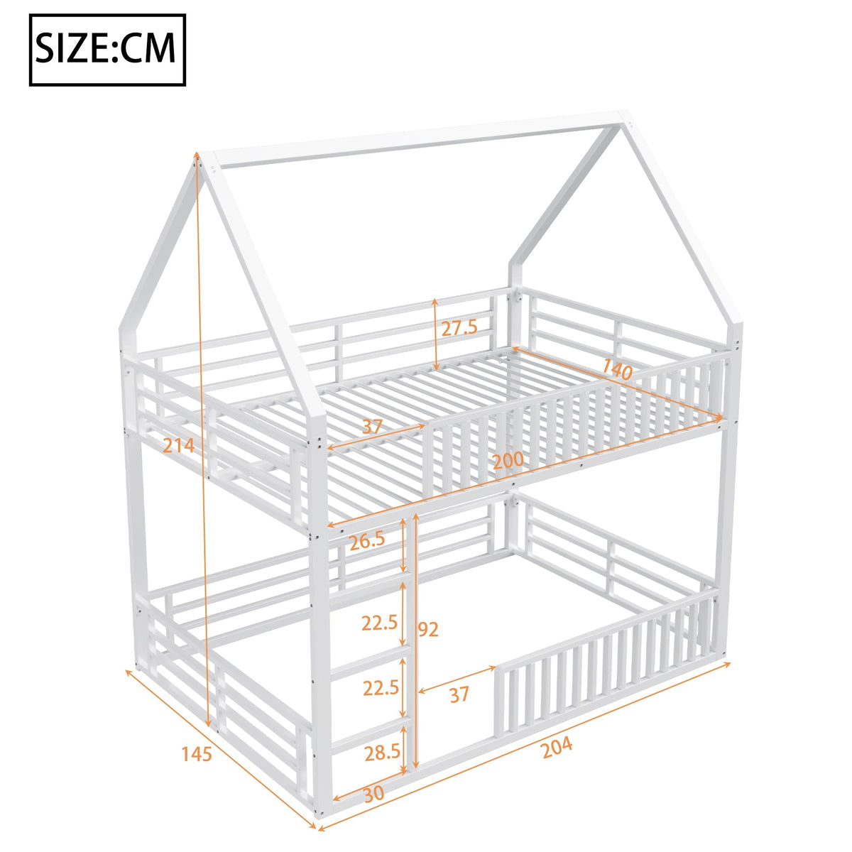 House-Shaped Bunk Bed with Fence and LED Light, 140x200cm, White
