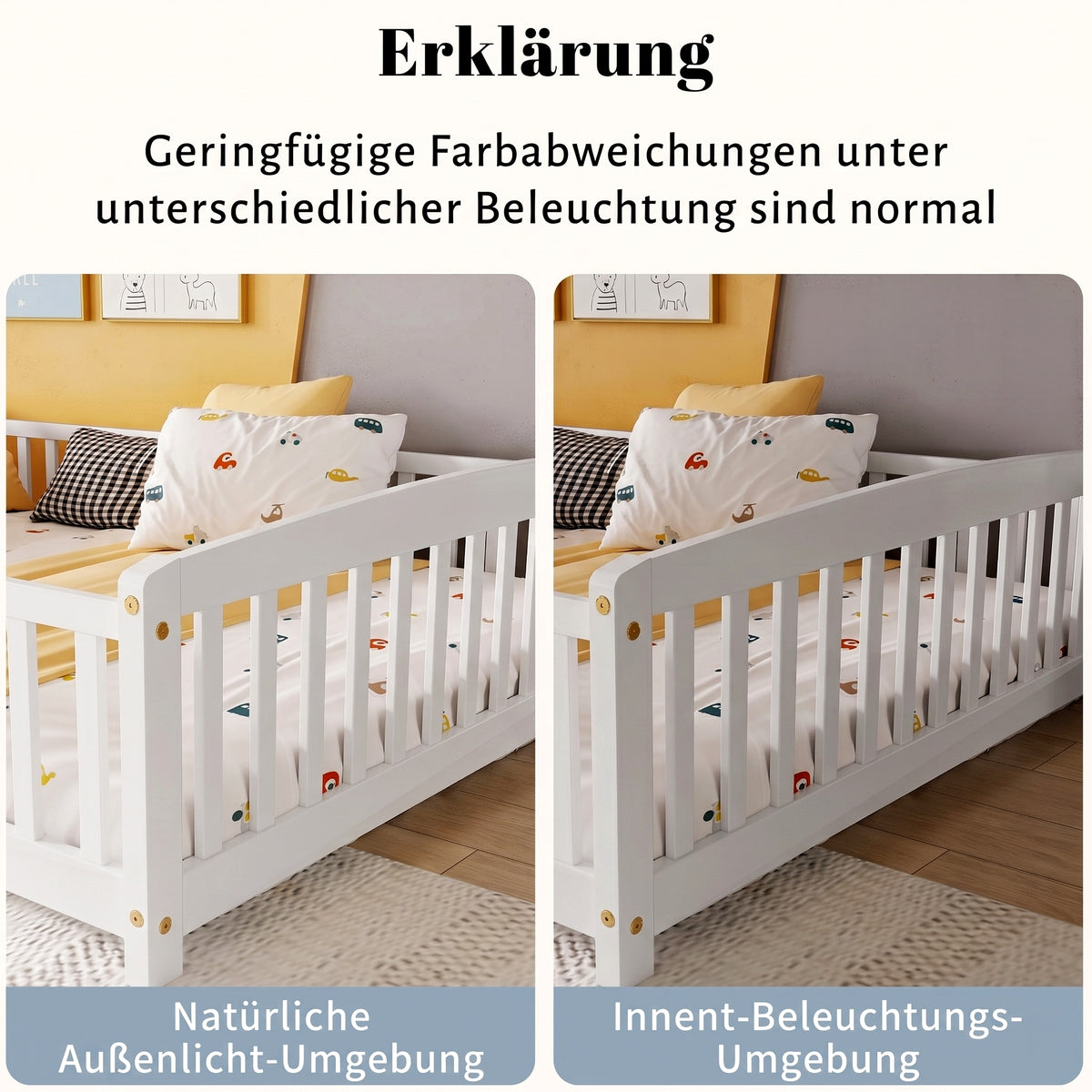Floor Bed 140x200 cm with Safety Railings - Pine Wood, White