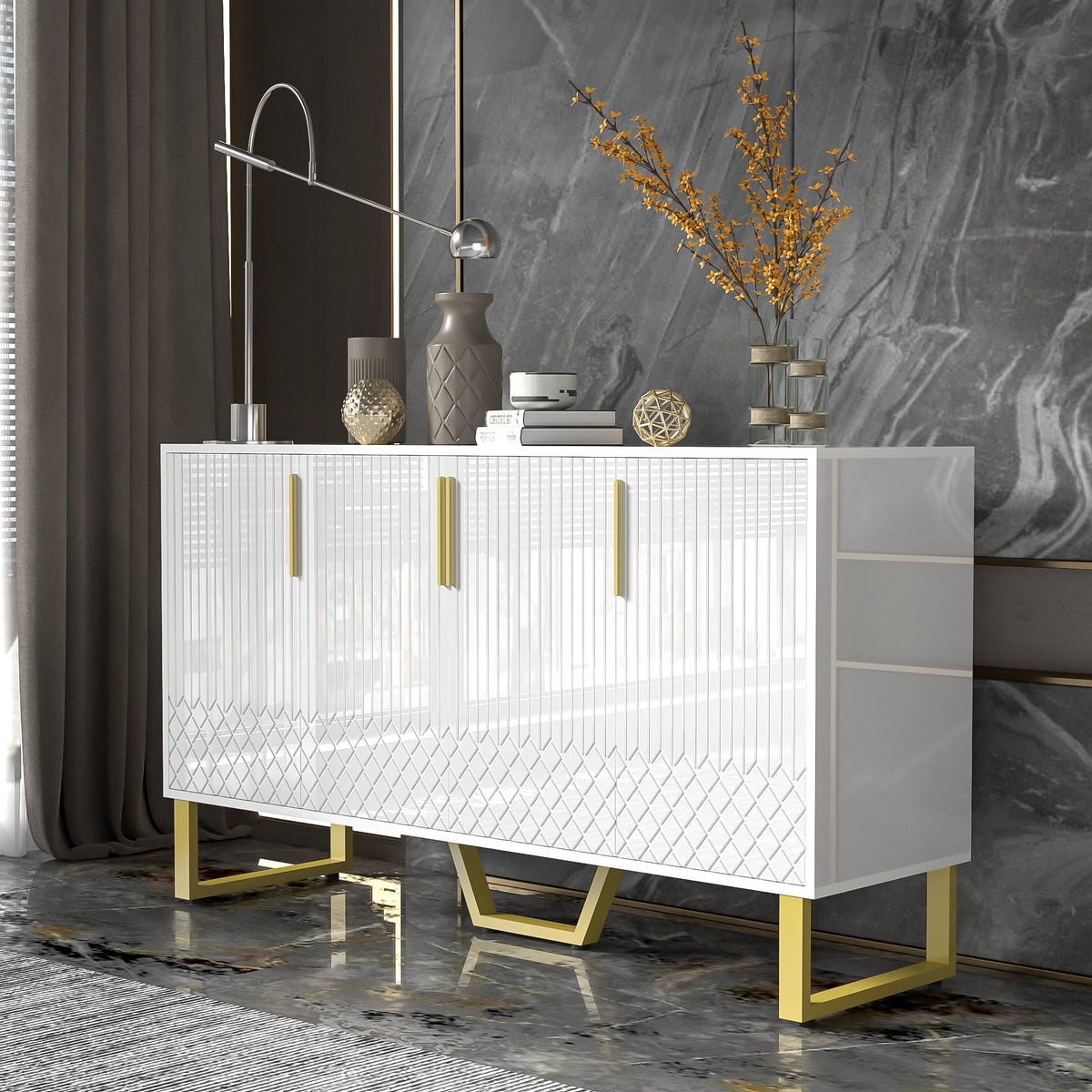 High-gloss Sideboard, 4 Doors, Metal Handles & Legs, White