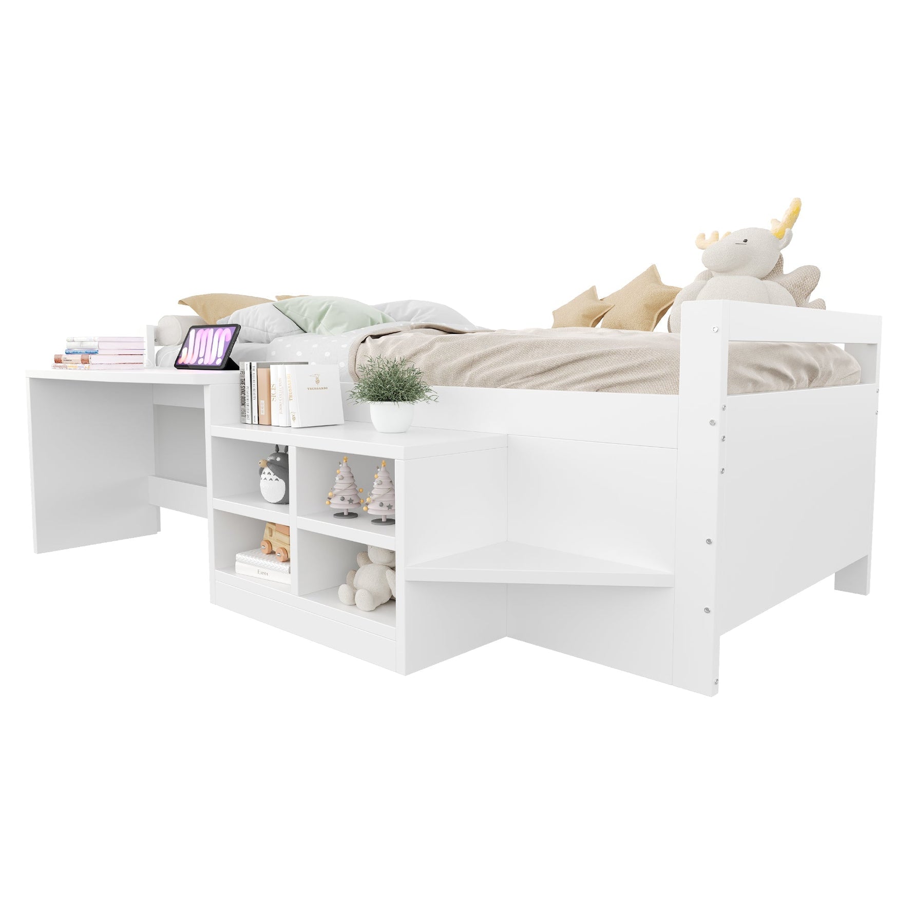 Children's Bed 90x200cm, Storage & Desk with Sockets, Wooden White