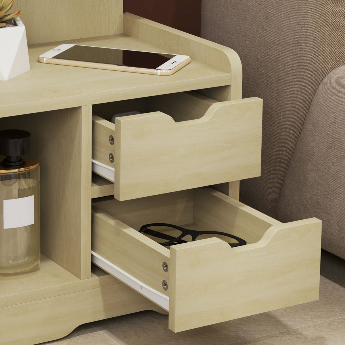 Bedside Table, 2 Drawers, Open Shelf, Natural Wood