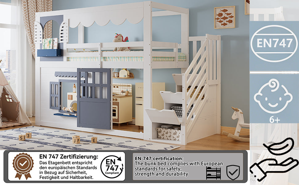 Children's Loft Bed 90x200cm with House Design & Storage, White
