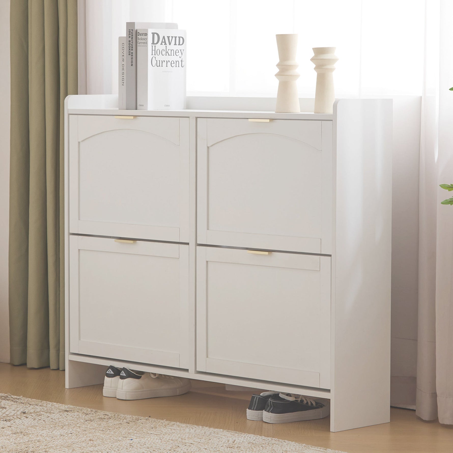 Shoe Cabinet 4 Drop-Down Compartments Open Shelves Entryway/Hallway, White
