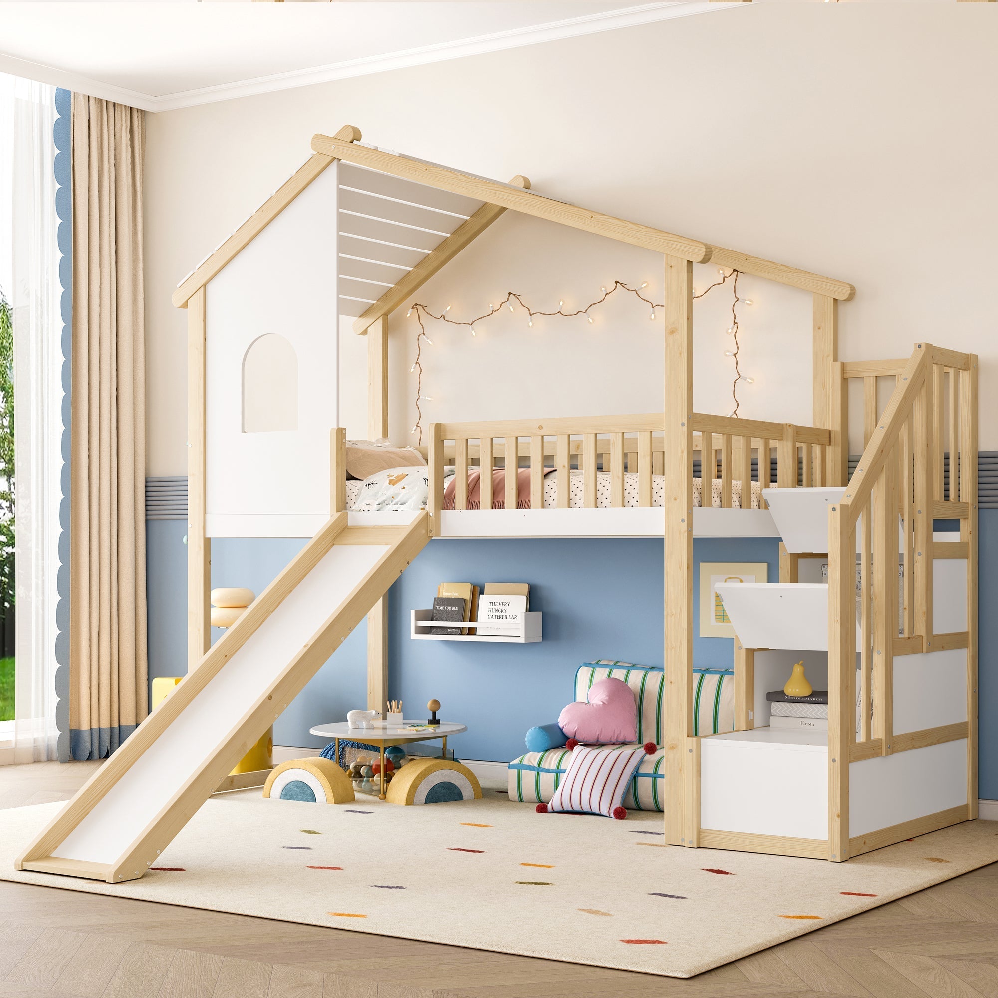 Loft Bed with Storage Ladder, Slide and Window, Natural and White