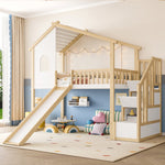 Loft Bed with Storage Ladder, Slide and Window, Natural and White