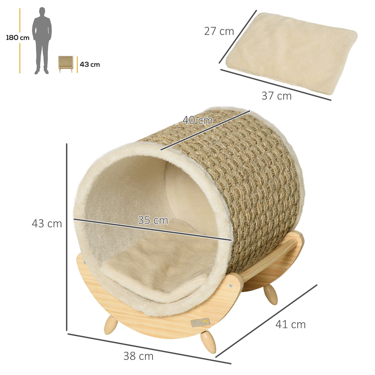 PawHut Cat Cave with Shelf Bed Scratching Pad, Pinewood Flannel, Khaki Natural & Beige