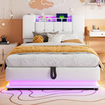 Smart Upholstered Bed with LED, USB and Hydraulic Storage, Beige Velvet