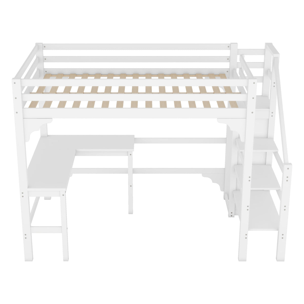 Loft Bed 140x200cm L-Shaped Desk Open Wardrobe Pine Wood White
