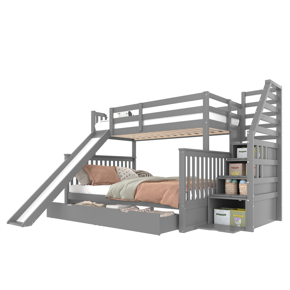 Bunk Bed with Drawers & Slide, 90x200/140x200, Grey