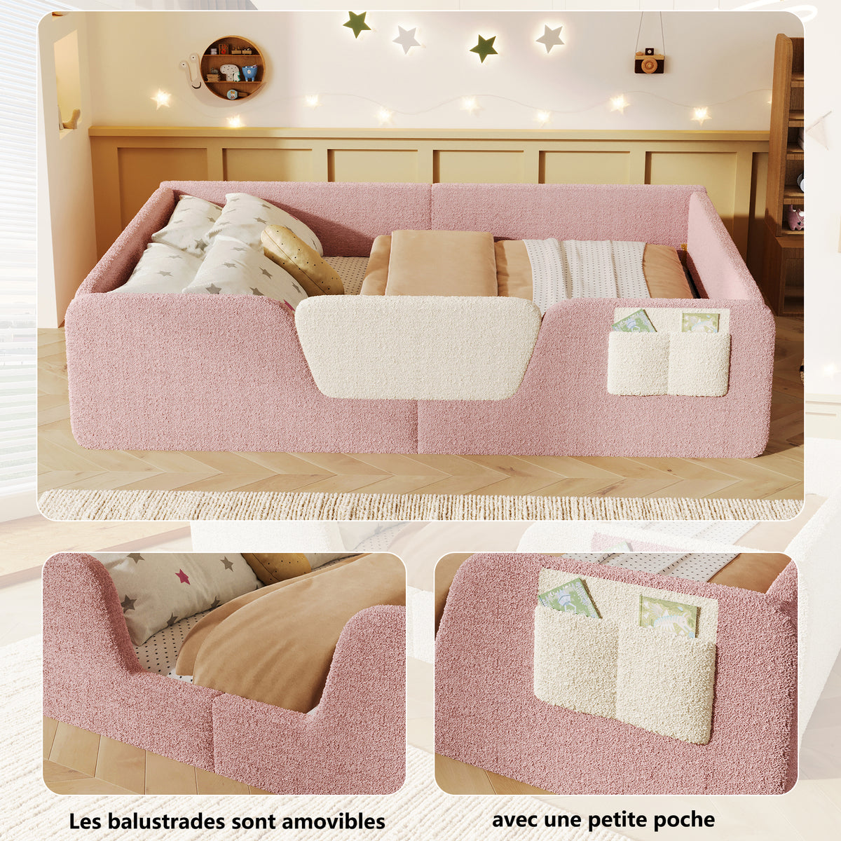 Upholstered Bed 140x190cm with Safety Rails, Pink Velvet