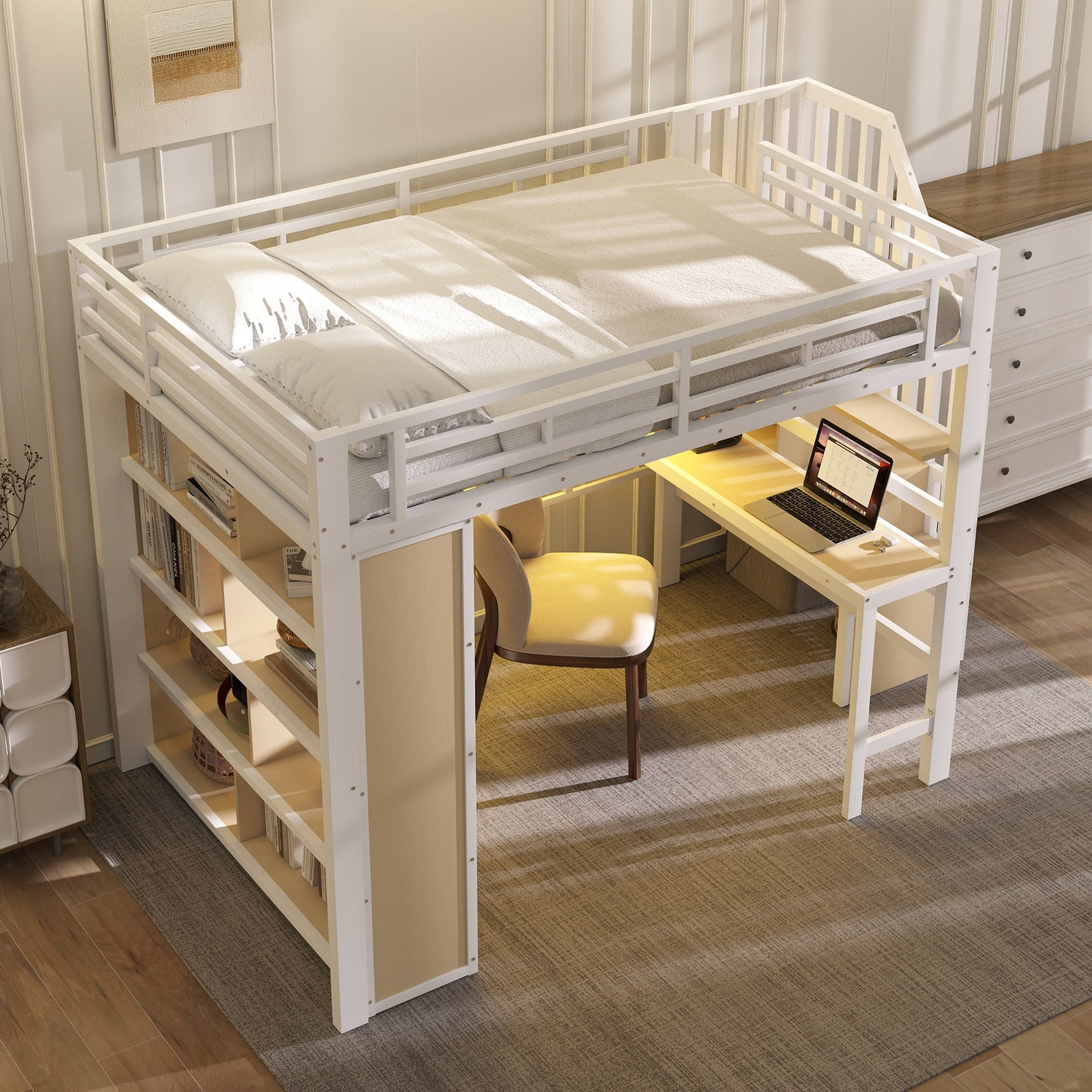 Loft Bed with Desk, Storage Staircase and LED Light Strip, 140x200cm, White Iron Frame