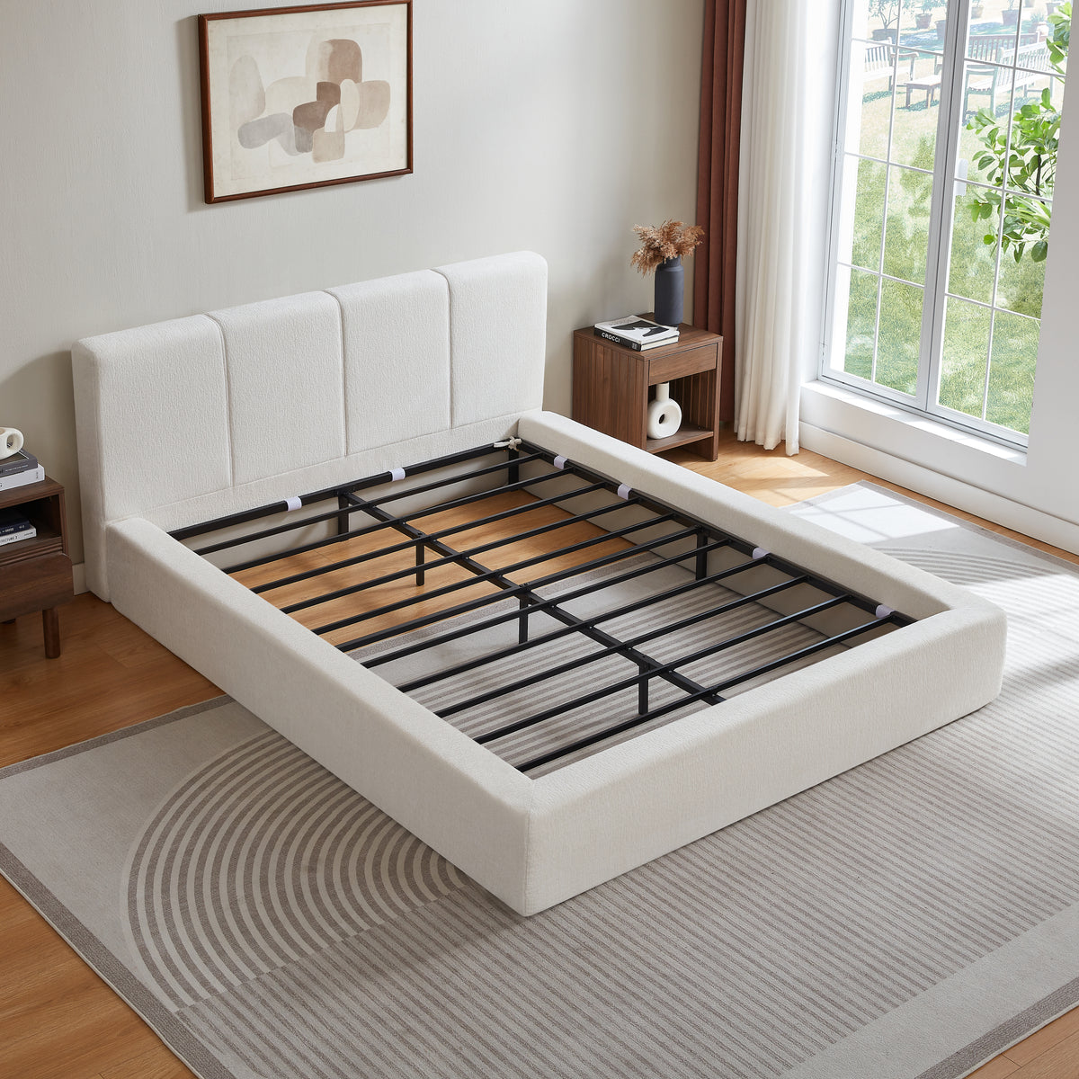 Upholstered Double Bed 180x200cm with Pneumatic Storage, Grey Linen
