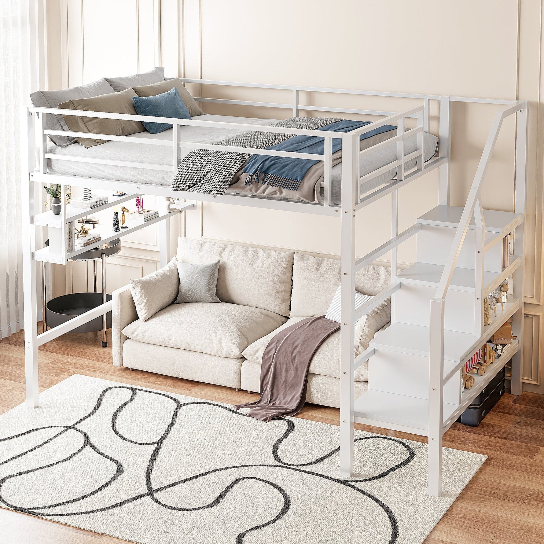 Loft Bed with Storage Ladder and Shelves, 140x200cm, White