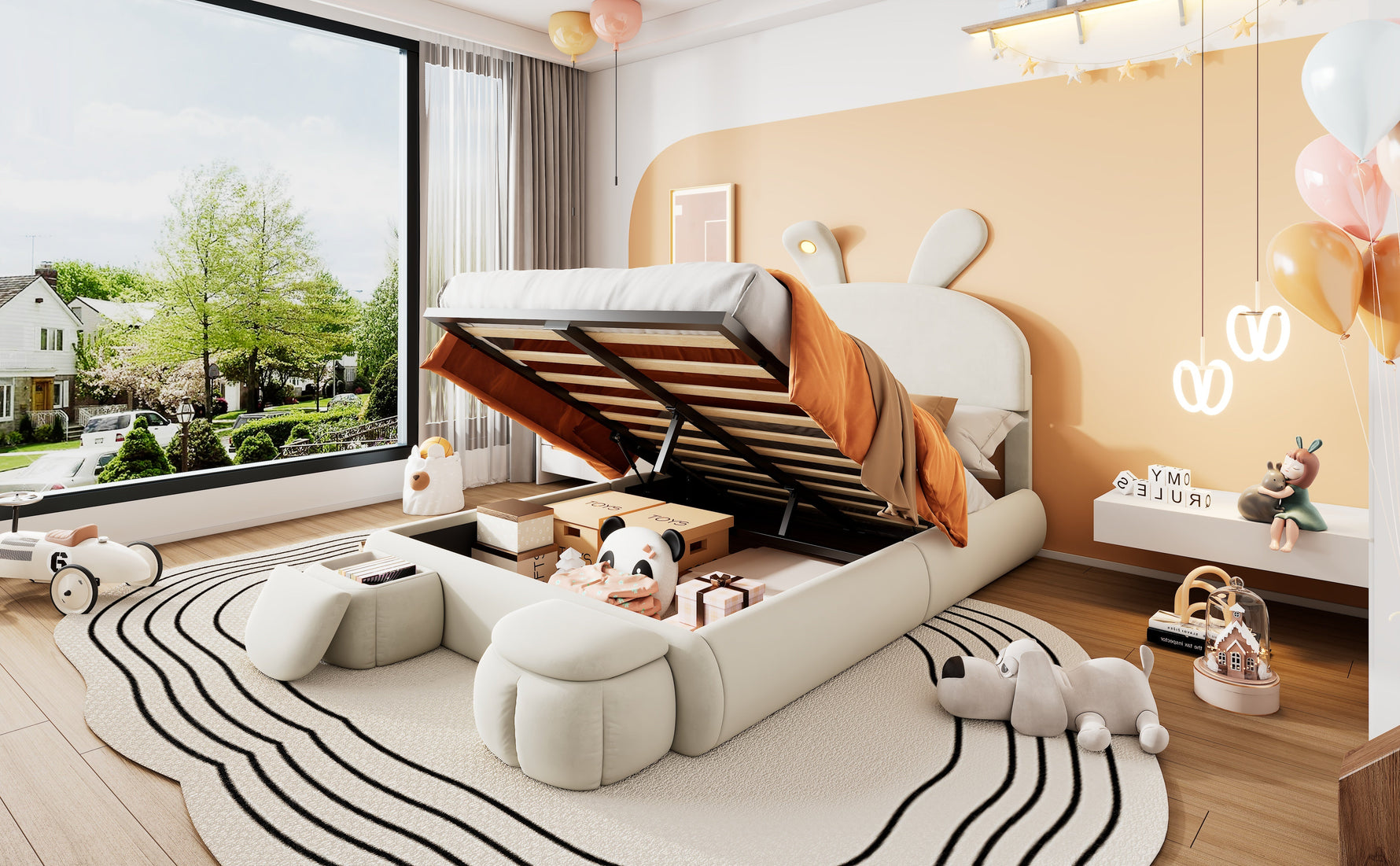 Upholstered Bed, Hydraulic with Rabbit Ears & Storage, Velvet Beige