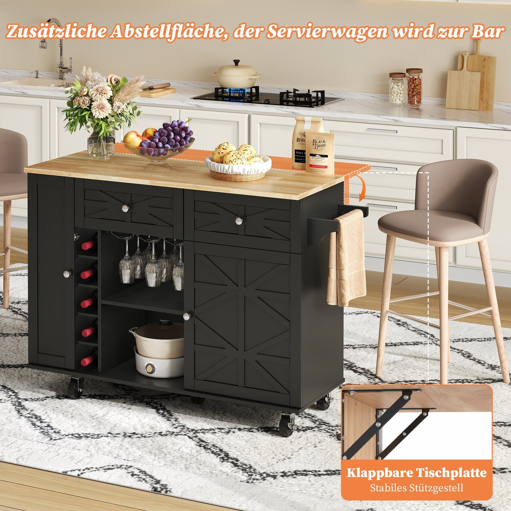 Kitchen Island Mobile Folding Worktop Wine Rack Storage - Black