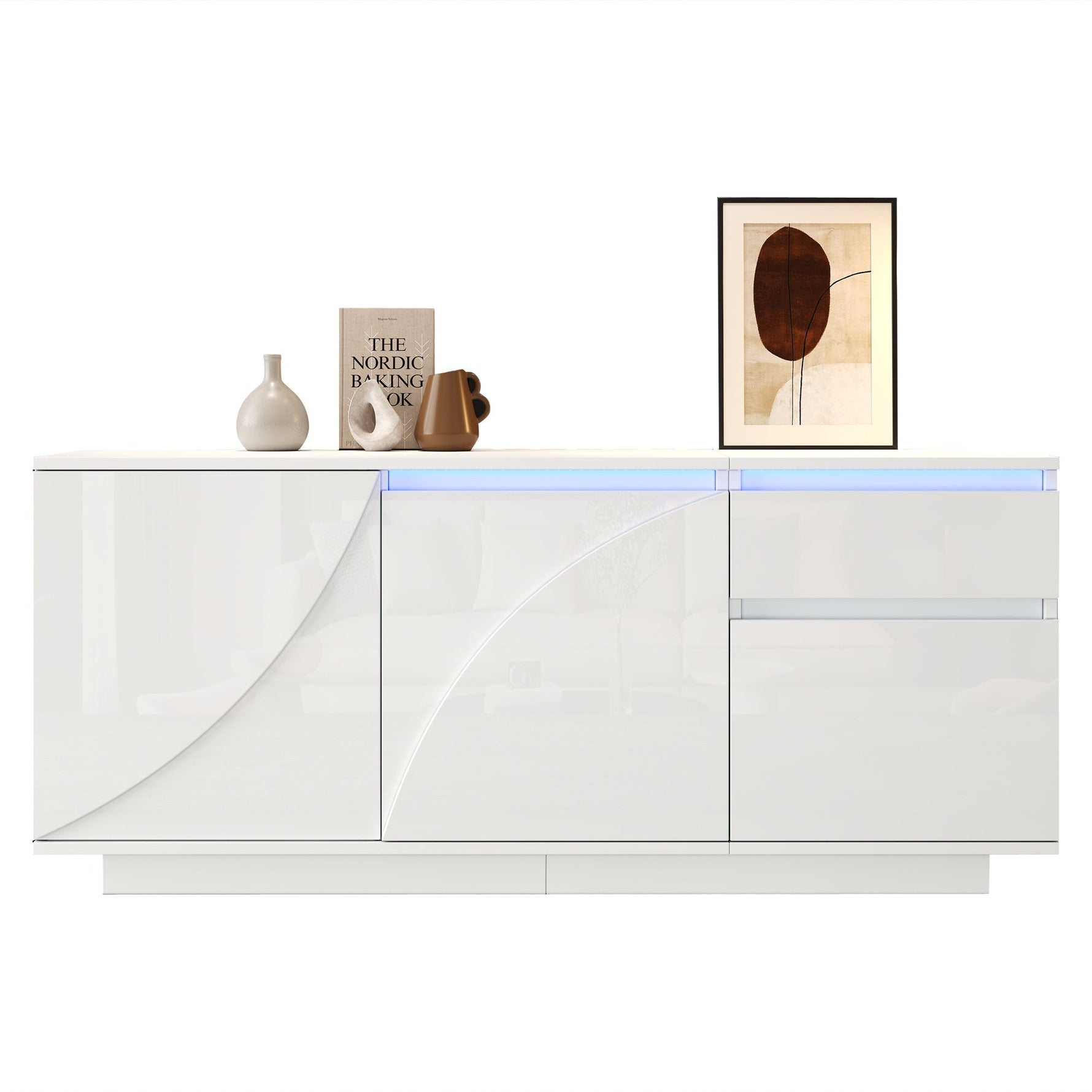 Side Cabinet, 140x40x60cm 3 Cabinets 1 Drawer Adjustable Shelves LED High-Gloss, MDF White