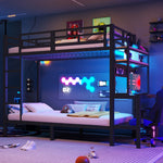 Bunk Bed 90x200 cm with Desk, Storage & LED Light, Black Iron Frame