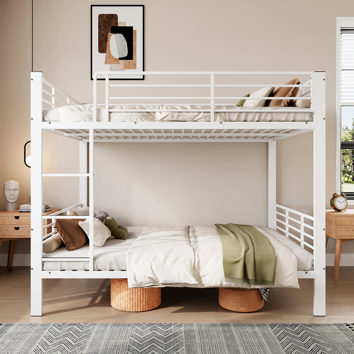Bunk Bed 140x200 cm with Ladder & Fall Protection, White Metal